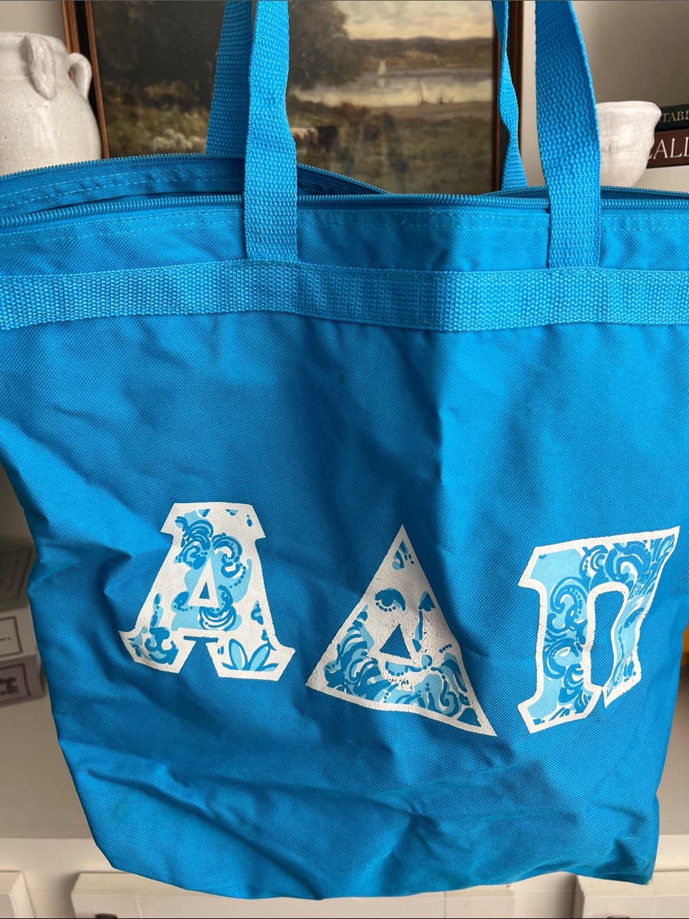 Alpha Delta Pi - ADPi - Bright Blue Canvas Tote with White Decorative Letters